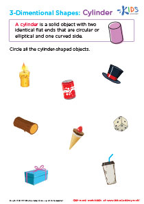 Cylinder Worksheet: Three–Dimensional Shapes Free Printable for Kids